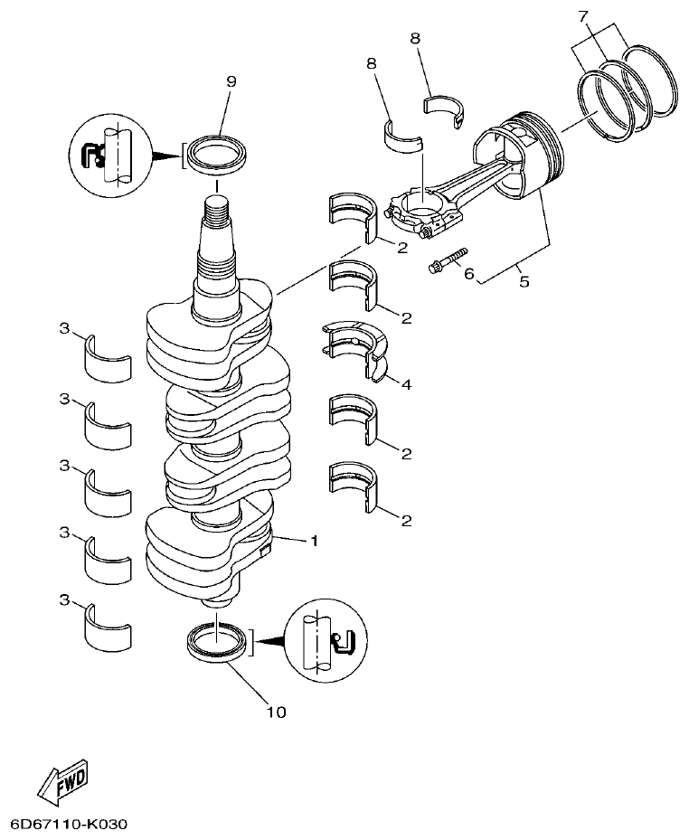 Yamaha F80BET, F100DET CRANKSHAFT & PISTON parts diagram